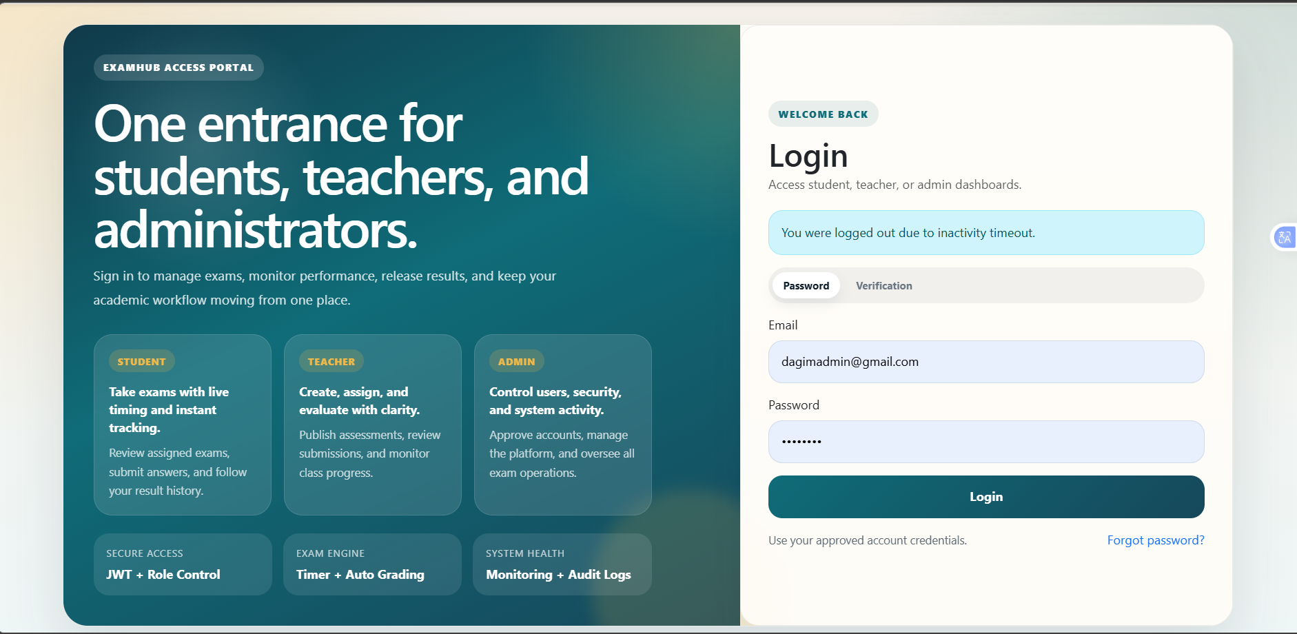 ExamHub login page for students, teachers, and administrators